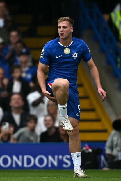 Liam Delap of Chelsea reacting to an injury.