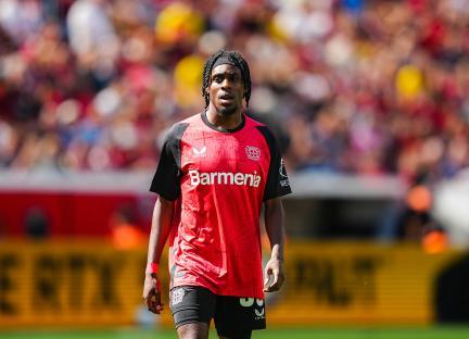 Jeremie Frimpong of Bayer 04 Leverkusen at a soccer match.