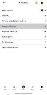 Roblox settings menu showing account info, security, privacy, parental controls, payment methods, subscriptions, notifications, and device preferences.