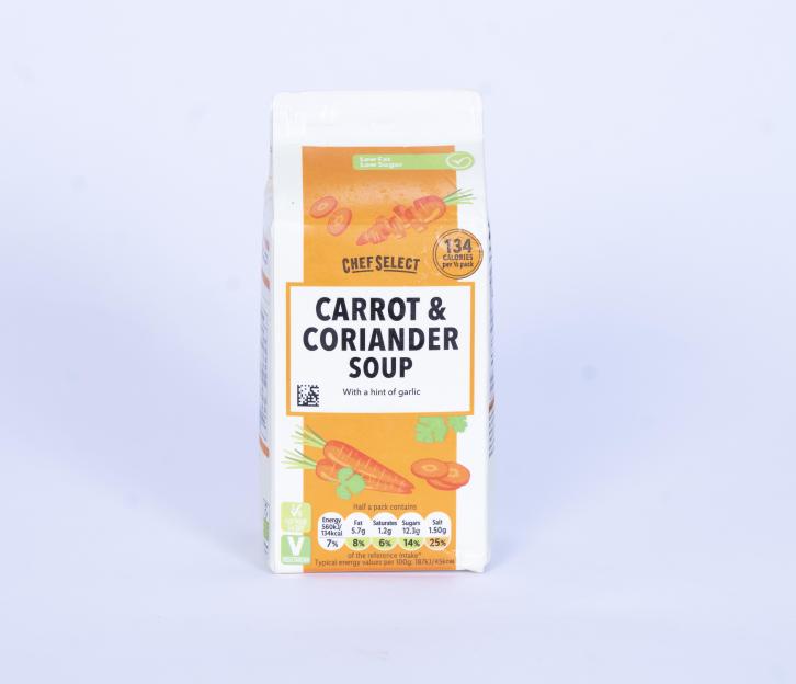 A carton of Chef Select Carrot & Coriander Soup with a hint of garlic. It is low fat, low sugar, vegetarian, and has 134 calories per half pack.