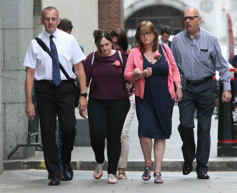 Charlotte Brown's family, father Graham Brown, sister Katie, and mother Roz Wicken, arriving at the Old Bailey.