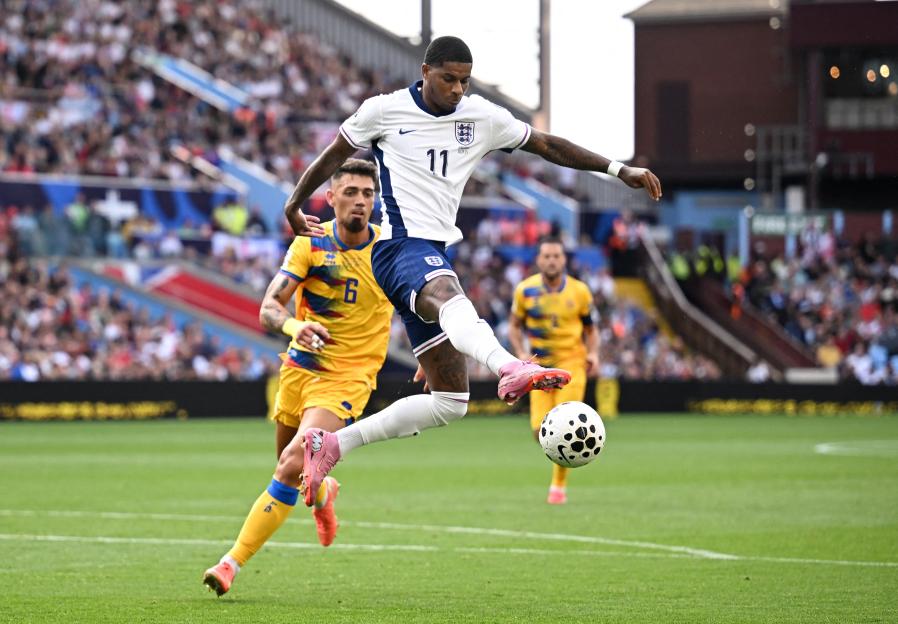 Marcus Rashford of England in action during a soccer match.