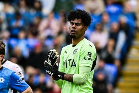 Corey Addai, Stockport County goalkeeper, at a Sky Bet League 1 match.