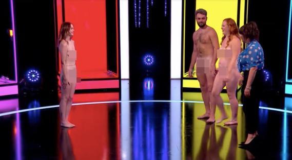 Screenshot from Naked Attraction showing a throuple and a host.