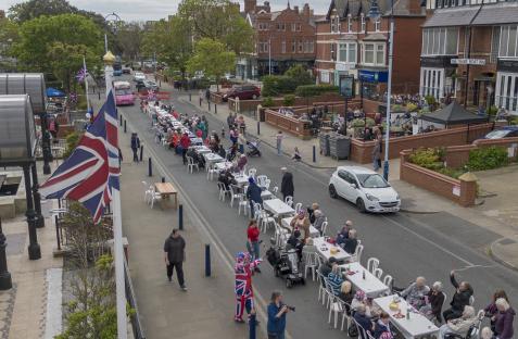 Aerial view of a street party celebrating the 80th anniversary of VE Day.