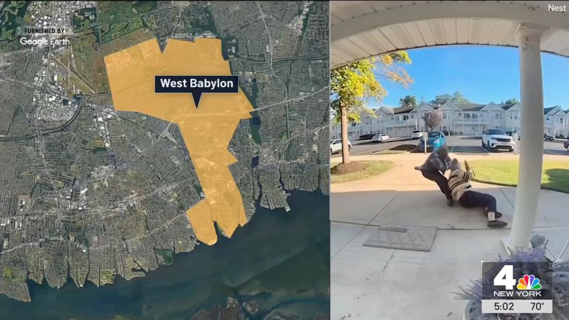 Map of West Babylon, NY alongside security camera footage of a physical altercation.