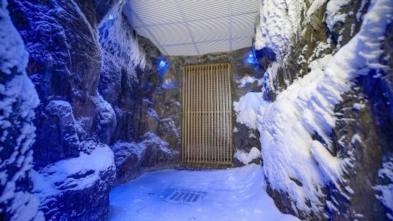 Snow-covered rock walls and a wooden door in a blue-lit room.