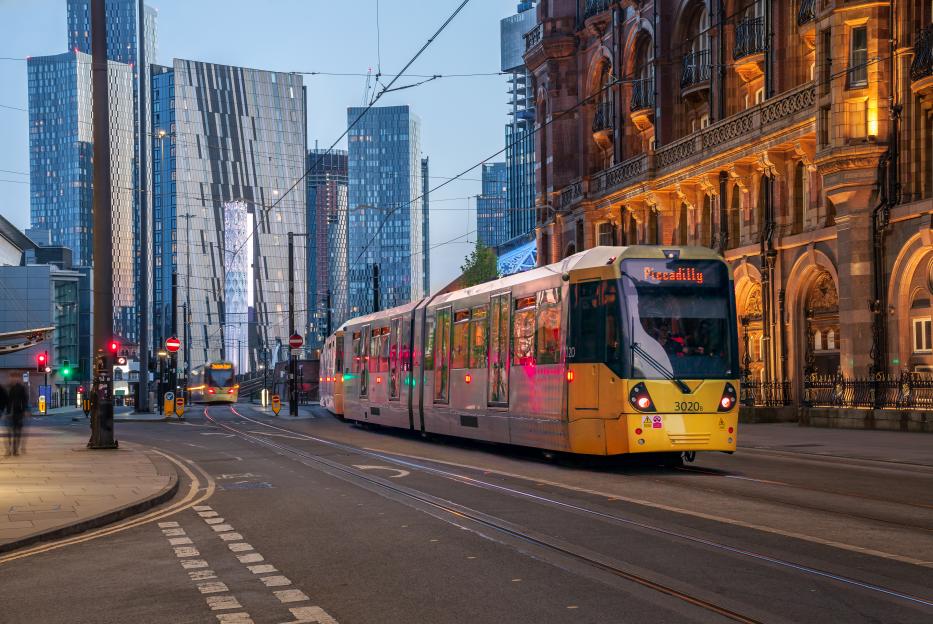 A tram in Manchester's city center.