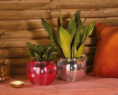 Two disco ball planters with plants.