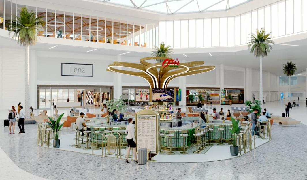 Illustration of the interior of Orlando International Airport's main hall, featuring a large bar called "Otto's High Dive" in the center, surrounded by palm trees and airport shops.