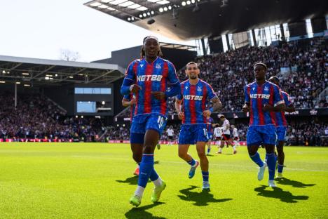 LONDON, ENGLAND - MARCH 29:Ebere Eze of Crystal Palace celebrates after scoring the opening goal during the Emirates FA Cup Quarter Final match between Fulham and Crystal Palace at Craven Cottage Stadium on March 29, 2025 in London, England. (Photo by Sebastian Frej/MB Media/Getty Images)