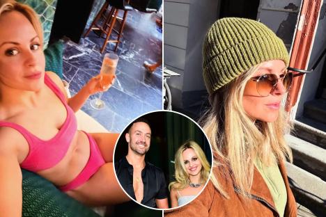 Tina O’Brien strips down to a bikini as she drinks champagne by the pool after split from husband Adam Crofts