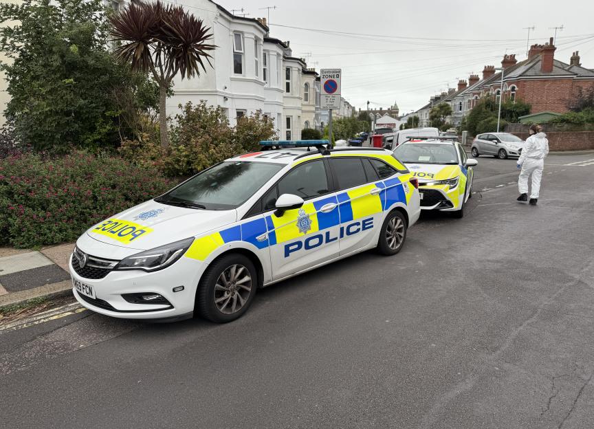 Two police cars are parked on a street with a person in a white forensic suit nearby.