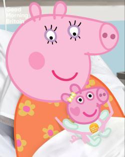 Illustration of the Peppa Pig family in a hospital room after the birth of their new baby.
