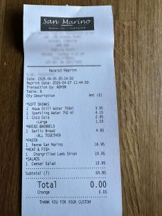 Restaurant receipt showing a £64.85 bill.