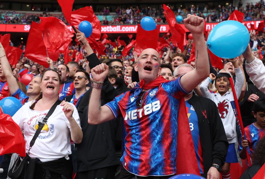 Crystal Palace fans celebrating at a soccer match.