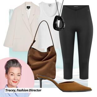 Collage of women's fashion items and a fashion director.