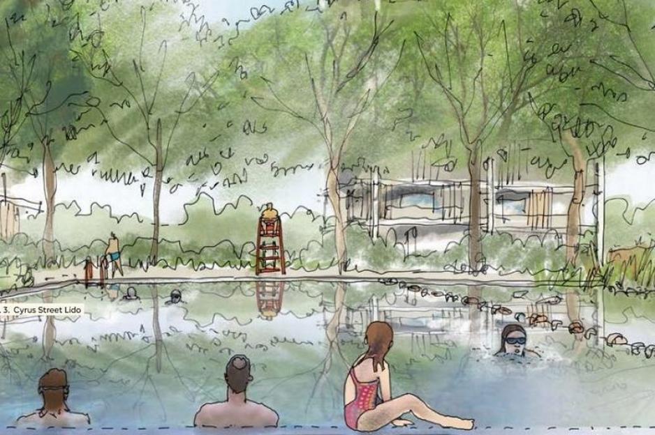 Illustration of Holt Town's Cyrus Street Lido.