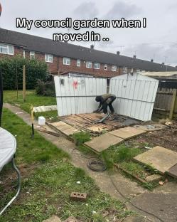 A person dismantling a shed in a neglected council house garden.