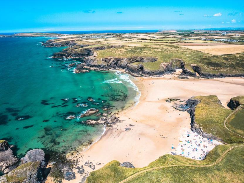 Aerial view of Portreath beach in Cornwall.