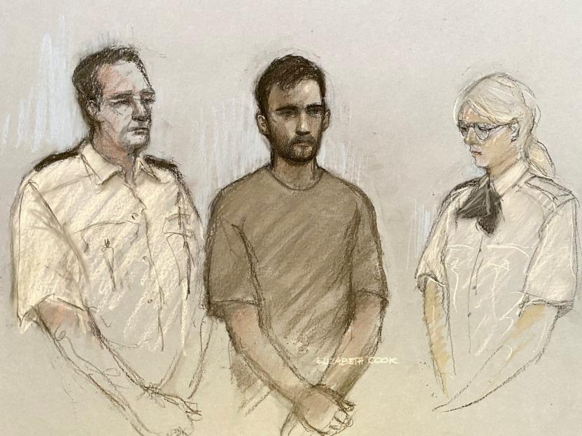 Illustration of Mohammed Sharwarq in court, flanked by security personnel.