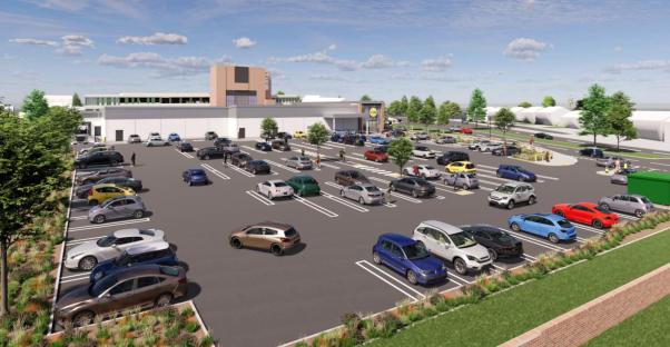 Rendering of a Lidl store and parking lot.