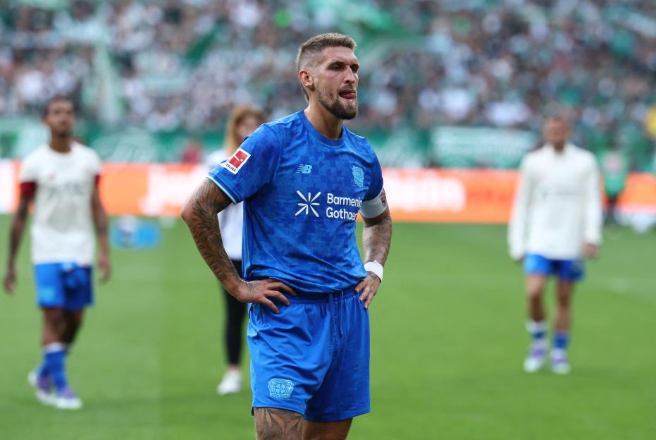 Robert Andrich of Bayer Leverkusen reacts during a Bundesliga match.