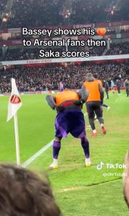 Calvin Bassey shows his backside to Arsenal fans before Bukayo Saka scores.