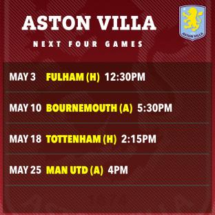 Aston Villa's next four games: Fulham (H) 12:30PM, Bournemouth (A) 5:30PM, Tottenham (H) 2:15PM, Man Utd (A) 4PM.