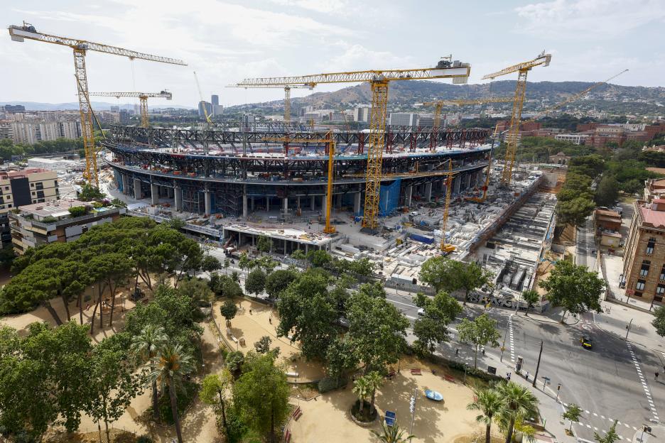 Aerial view of Camp Nou stadium under construction in Barcelona.