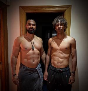 David Haye and his son Cassius Haye shirtless.