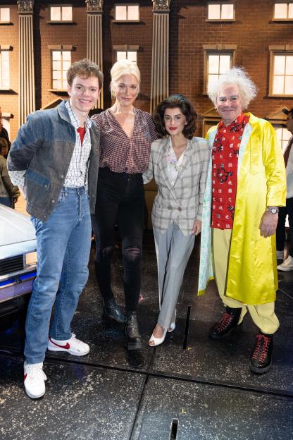Hannah Waddingham, Ben Joyce, Amber Davies, and Roger Bart on stage after "Back To The Future: The Musical".