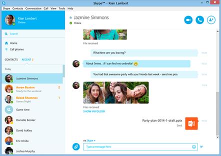 Skype chat window showing a conversation between two users, including shared photos and files.