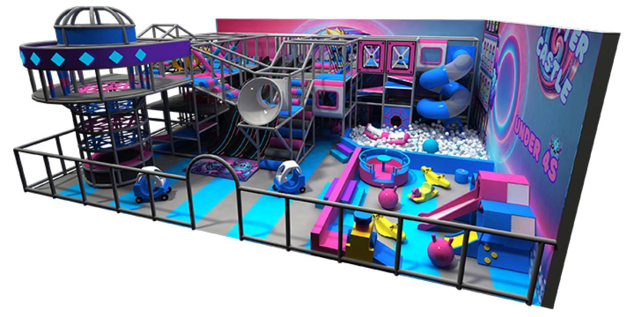 Illustration of a colorful indoor obstacle course with slides, a ball pit, and play equipment.