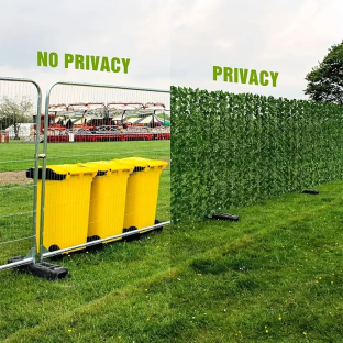 Comparison of a chain-link fence with and without a privacy screen.
