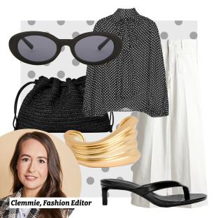 Collage of fashion outfit items and fashion editor Clemmie.