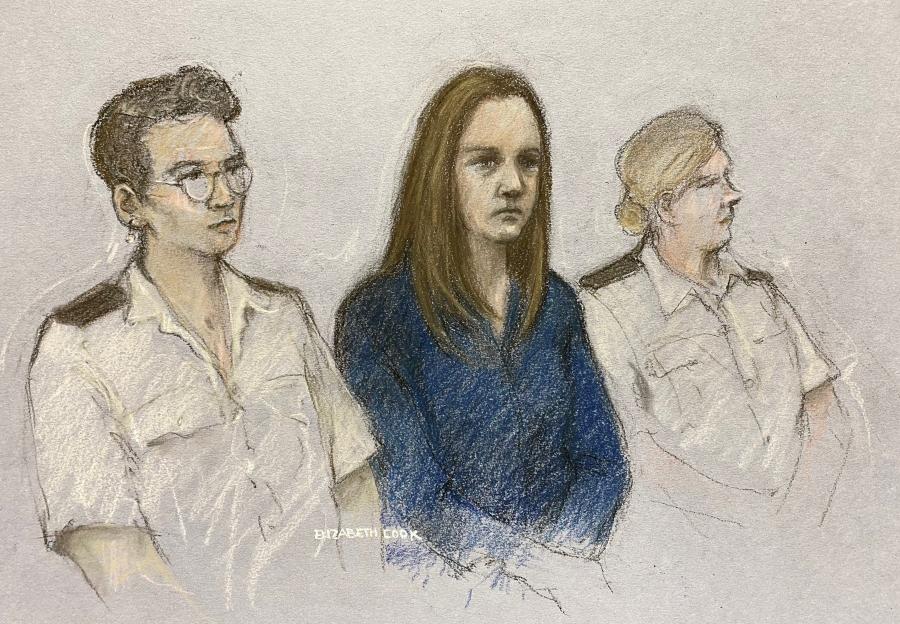 Courtroom sketch of Lucy Letby and two court officers.