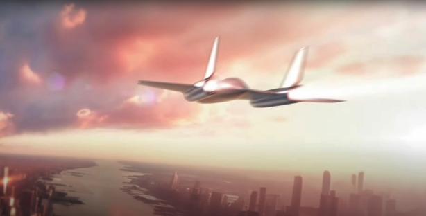 Illustration of a hypersonic jet flying over a city.