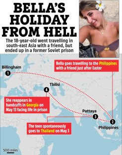 Illustration of Bella's travel route from the UK to the Philippines, Thailand, and Georgia, ending in a Georgian prison.