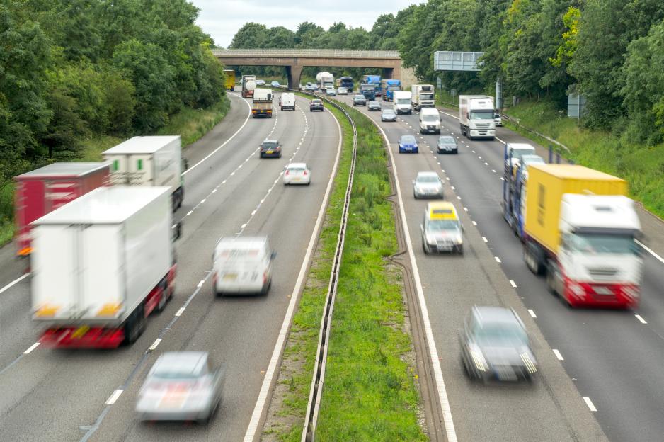 Heavy traffic on the M6 motorway in Lancashire, England.
