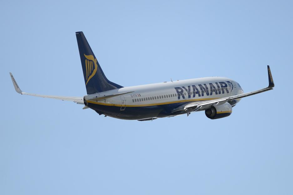 A Ryanair plane takes off from East Midlands Airport in the UK.
