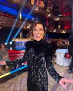 Shirley Ballas in a black velvet dress on the Strictly Come Dancing set.