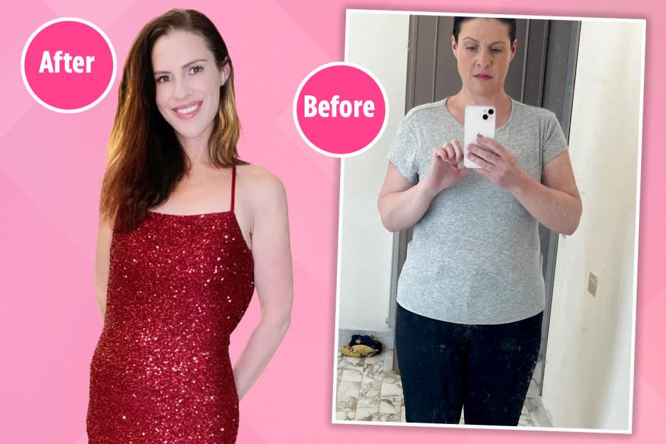 Before and after photos of a woman's weight loss.
