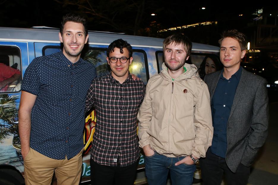 Actors Blake Harrison, Simon Bird, James Buckley and Joe Thomas pose at The Inbetweeners 2 Queensland premiere.