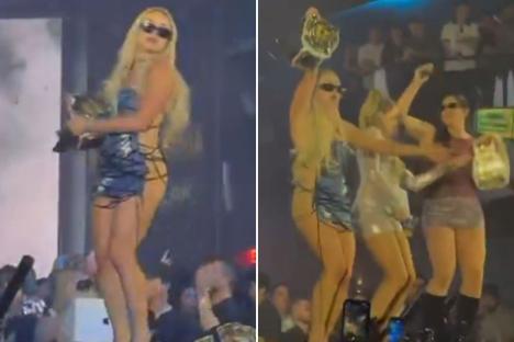 WWE stars Liv Morgan and Kelly Kelly dance on stage in very risque outfits ahead of WrestleMania 41