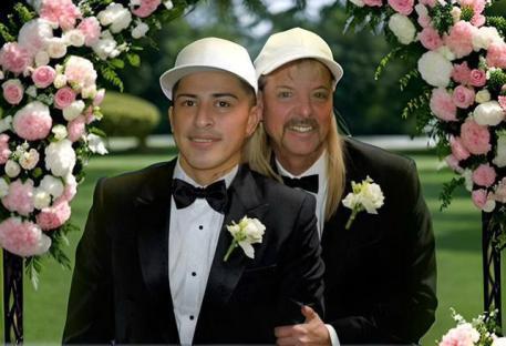 Illustration of Joe Exotic and another man in tuxedos at a wedding.