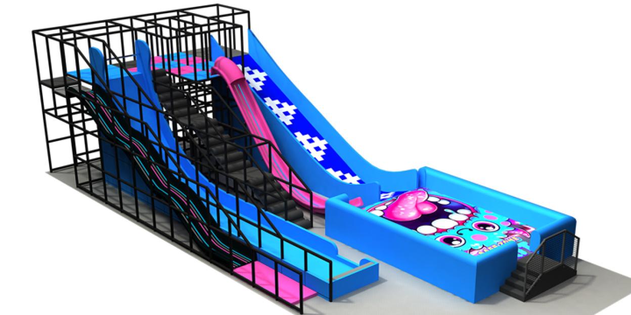 Illustration of a blue and pink inflatable obstacle course with slides and a landing zone featuring a cartoon monster face.