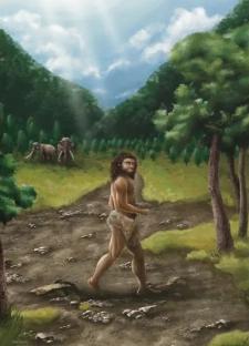 Illustration of a Denisovan man walking on a path.
