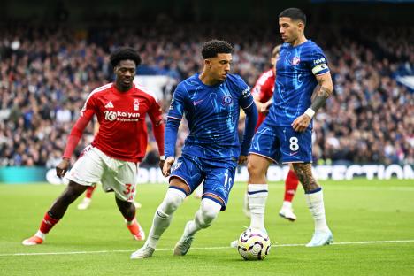 Jadon Sancho of Chelsea dribbling the ball during a Premier League match.