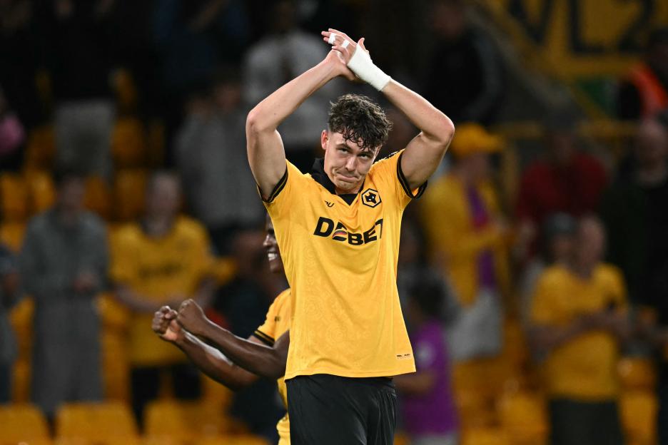 Jorgen Strand Larsen of Wolverhampton Wanderers celebrates a goal.